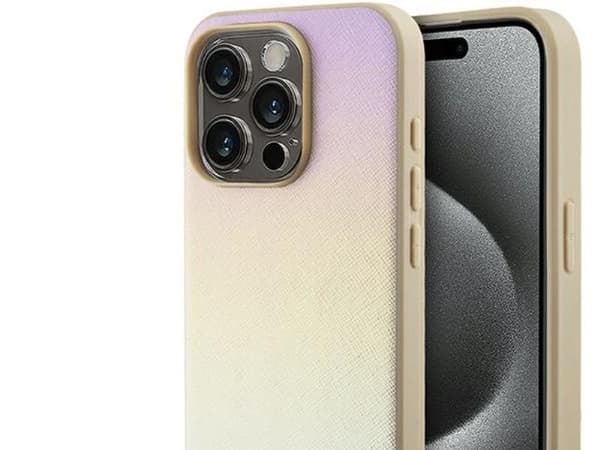 Guess Saffiano Iridescent Script fodral för iPhone 14 Pro - guld