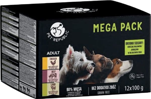 PETREPUBLIC Mega Pack kyckling, nöt, lamm våtfoder till hund 12x100 g