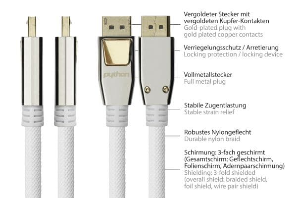 Python GC-M0200, 10 m, DisplayPort, DisplayPort, Hankoppling, Hankoppling, 4096 x 2160 pixlar
