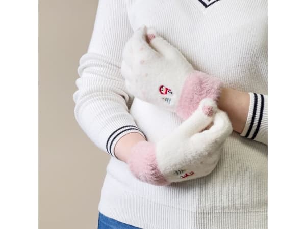 Dam vintertelefonhandskar med snögubbe och julgran - vit och rosa
