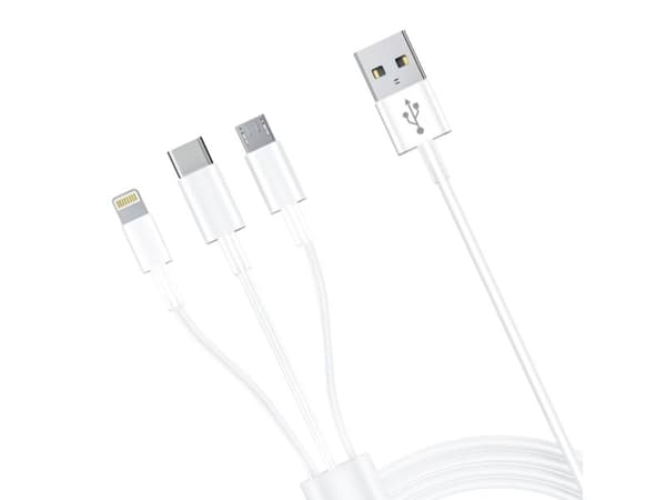 3mk-kabel 3-i-1 USB-A – micro-USB / Lightning / USB-C 1,2 m 20 V/2,4 A 15 W – vit