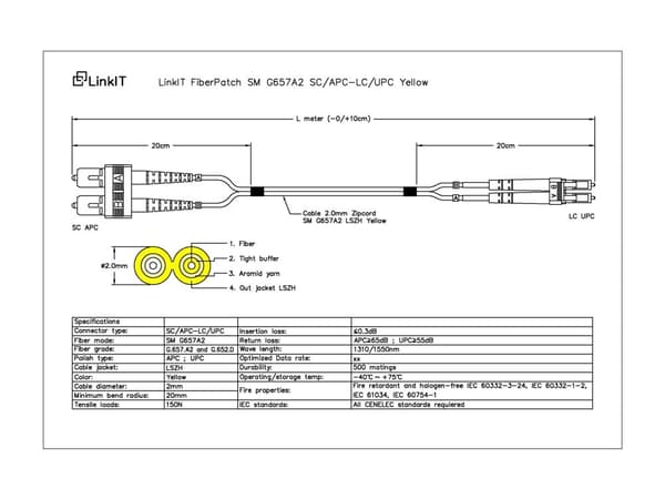 Fiber Cord OS2 LC-UPC/SC-APC  1m Duplex, SM, LSZH