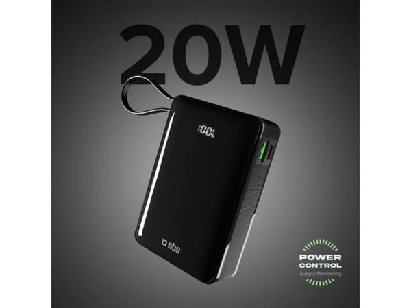 Powerbank SBS 20000mAh, 20W, LCD, integrert kabel, sort