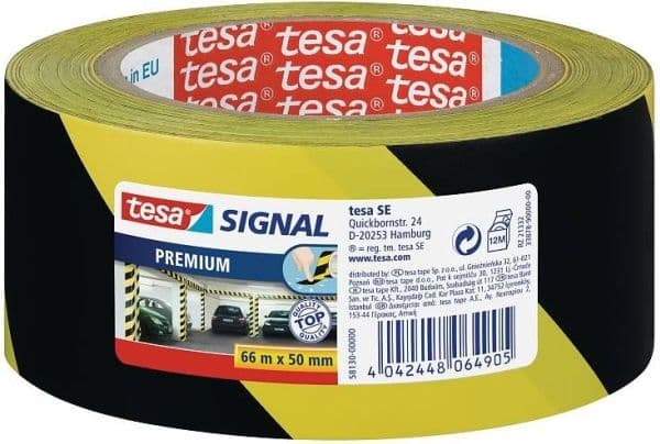 Advarselstape tesa premium, 50 mm x 66 m, gul/sort