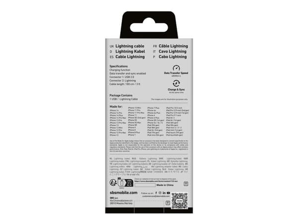 SBS TECABLEUSBIP589K, 1 m, Lightning, USB A, Hanstik, Hanstik, Lajittelu