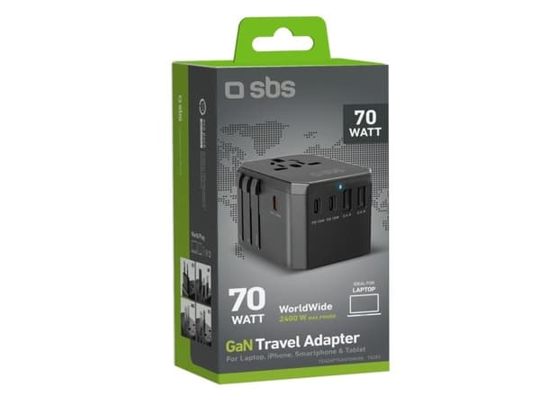 SBS Universal GaN Travel Adapter 70W 3xUSB-C 2xUSB-A with Case - Black