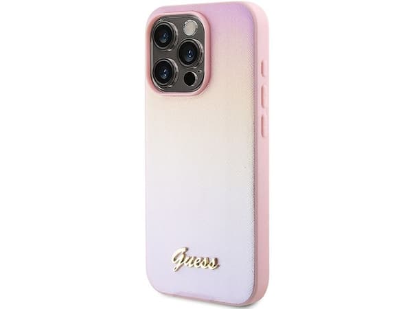 Guess Saffiano iriserande script-skal till iPhone 14 Pro Max - rosa