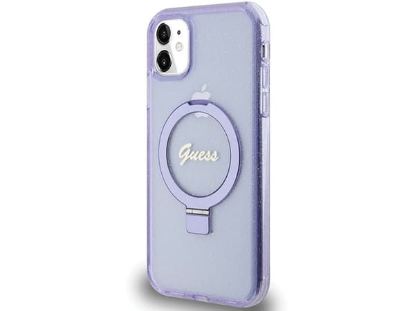 Guess Ring Stand Script Glitter MagSafe-skal för iPhone 11 / Xr - lila