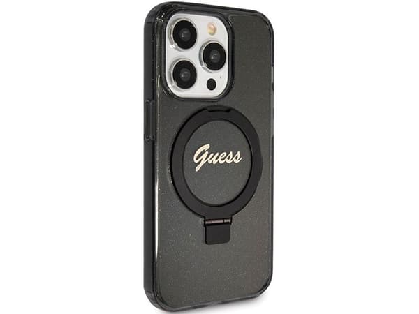 Guess Ring Stand Script Glitter MagSafe-skal för iPhone 15 Pro Max - svart