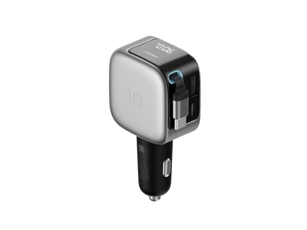 Cuktech CC903P 100W Car Charger with Display and 70cm Retractable USB-C Cable - Gray