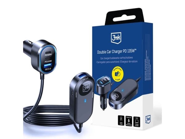3mk Double biloplader 135W PD QC PPS - USB 2A4C - sort/grå