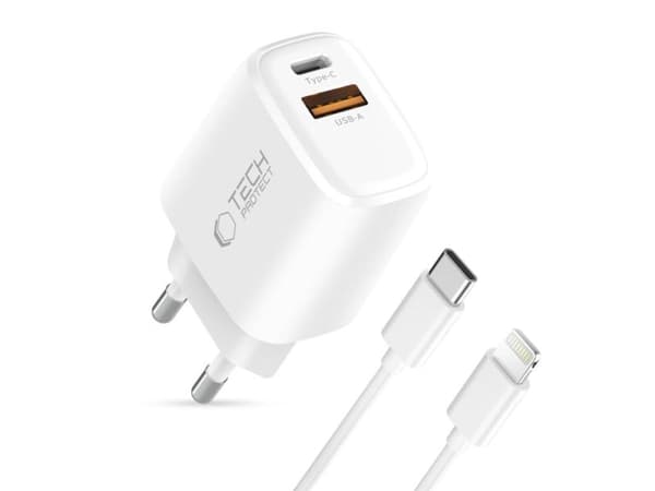 Tech-Protect TECH-PROTECT NCA20 2-port nettlader PD 20W / QC3.0 + Lightning-kabel (hvit)