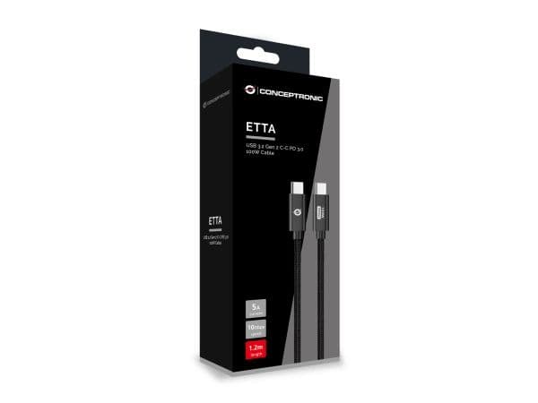 CONCEPTRONIC USB-C 3.2–C -kaapeli, 100 W/QC, 10 Gbps, 1,20 m, musta