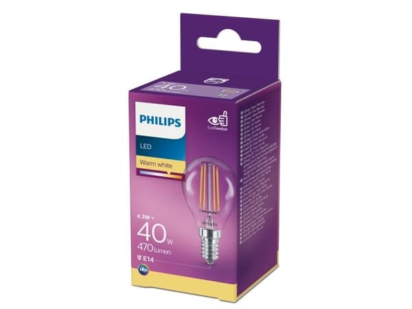 Philips Glødemignon, klar, 40 W, P45, E14, 4,3 W, 40 W, E14, 470 lm, 15000 timer, Varm hvit