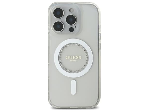 Guess IML rhinestone MagSafe-deksel til iPhone 16 Pro Max - Hvit