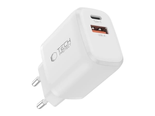 Tech-Protect NCA30 PD 30W QC3.0 USB-A/USB-C vegglader + USB-C/USB-C-kabel 100 cm - Hvit