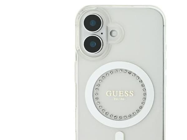 Guess IML rhinestones MagSafe-deksel til iPhone 16 Plus - hvit