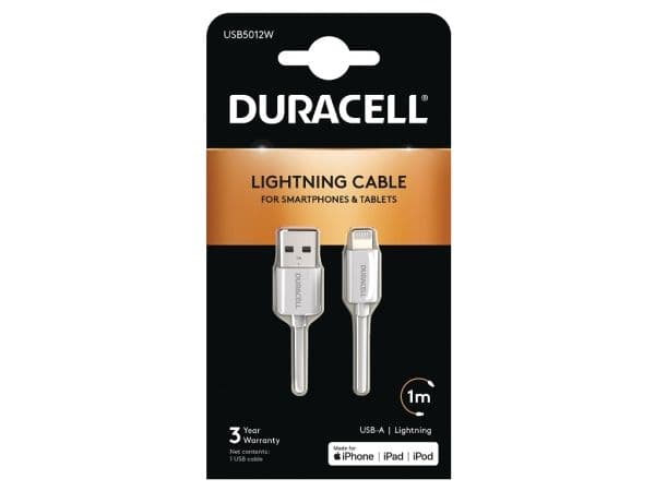 Duracell USB5012W, 1 m, USB A, Lightning, 2.0, Hvit