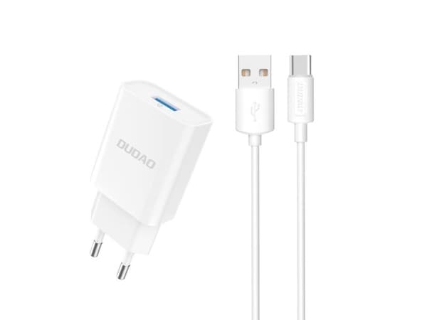 Nettlader Dudao A4EU USB-A 2.1A + USB-A til USB-C-kabel, hvit