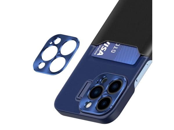 Lærstativetui til iPhone 14 med kortholder/card wallet og stativ - blå