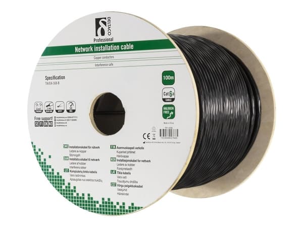DELTACO - Bulkkabel - 100 m - U/FTP - Cat6 - halogenfri, utomhus, fast - svart