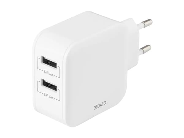 DELTACO - Strömadapter - 24 Watt - 4.8 A - 2 utdatakontakter (USB) - vit