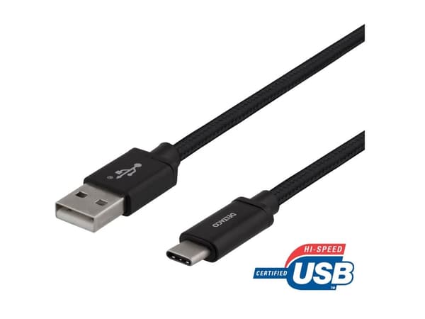Deltaco USB-A - USB-C-kaapeli, 2m, USB 2.0, punottu, musta, 2 m, USB A, USB C, USB 2.0, Musta