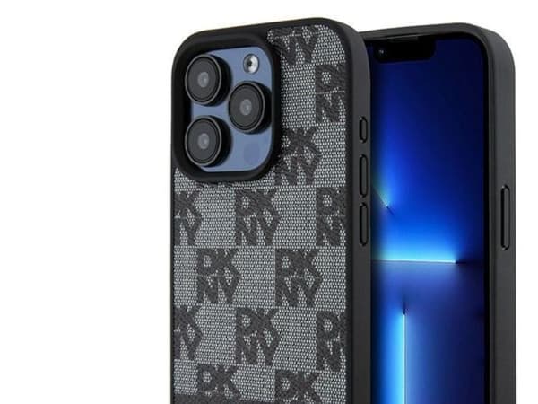 Deklas DKNY PU Leather Checkered Pattern and Stripe Case for iPhone 15 Pro Juodas