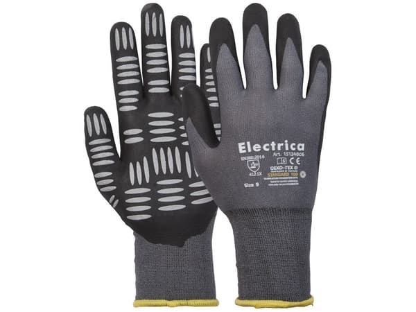 Basishandske i stickat polyester/spandex. Beläggning av nitrilskum, Electrica S.10