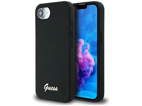 Guess Silicone Script Metal Logo MagSafe iPhone 16e-skal - Svart