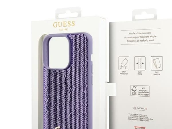Guess Sequin Script metalldeksel til iPhone 15 Pro Max - lilla