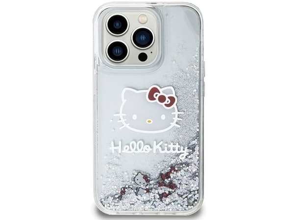 Hello Kitty Liquid Glitter Charms Kitty Head dėklas iPhone 15 Pro - sidabrinis