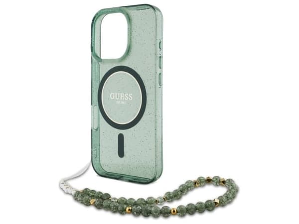 Guess IML Glitter With Pearl Strap MagSafe – skal för Apple iPhone 16 Pro Max, grön