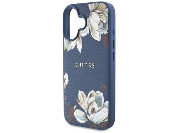 Guess Grained Printed Flower Pattern MagSafe case for iPhone 16 blue