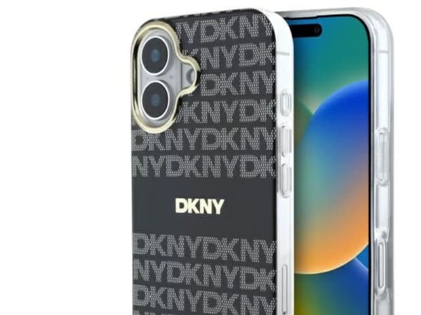 DKNY DKHMP16SHRHSEK iPhone 16 6,1" svart hardcase – Repeat Texture Pattern With Stripe