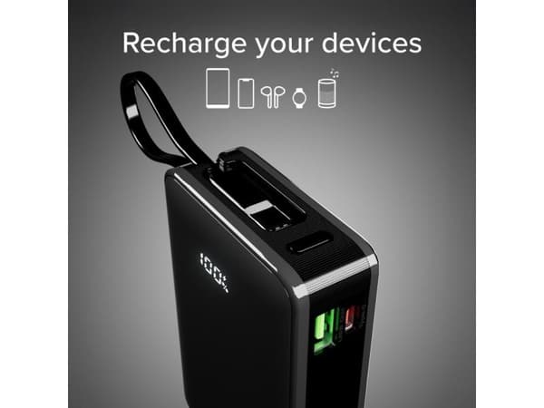 Powerbank SBS 20000mAh, 20W, LCD, integrert kabel, sort