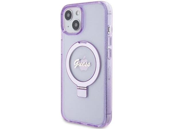Guess Ring Stand Script Glitter MagSafe-skydd till iPhone 15 Plus / 14 Plus - lilla