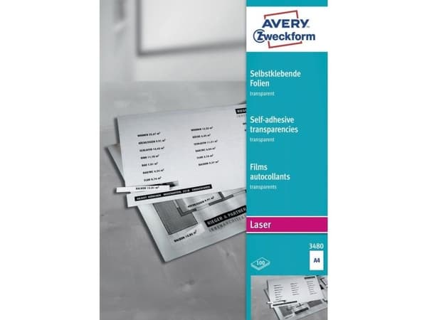 Avery 3480, Läpinäkyvä, Kiinteä, Polyesteri, 100 arkkia