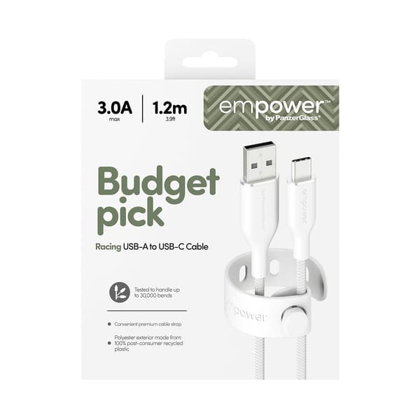 PanzerGlass empower™ by ® Racing 60W USB-A to USB-C Cable | USB 3.0 | 1.2M | Silver White, Vit