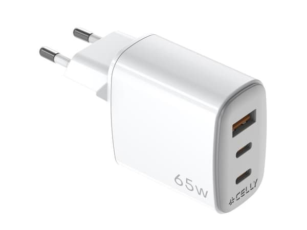 Celly [UPTC COLLECTION] - Strömadapter - GaN - 65 watt - PD (2 x USB-C, USB) - vit