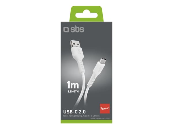 SBS TECABLEMICROC10W, 1 m, USB A, USB C, USB 2.0, 0,48 Gbit/s, valkoinen