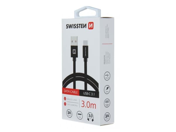 USB-kabel Swissten USB-A - USB-C, 3m, svart