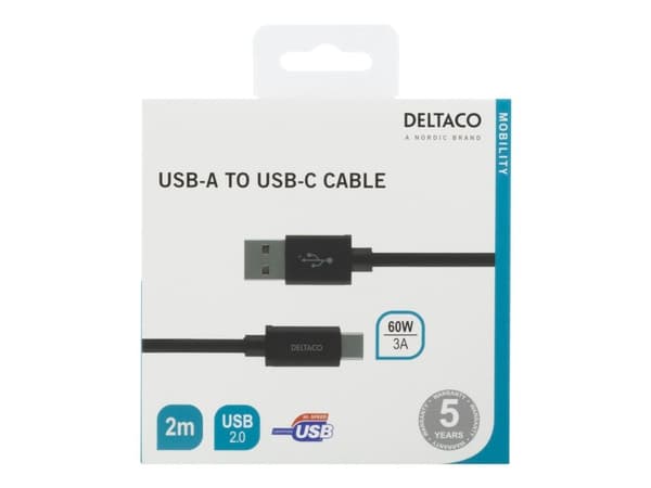 Deltaco USB-A - USB-C-kaapeli, 2m, USB 2.0, punottu, musta, 2 m, USB A, USB C, USB 2.0, Musta