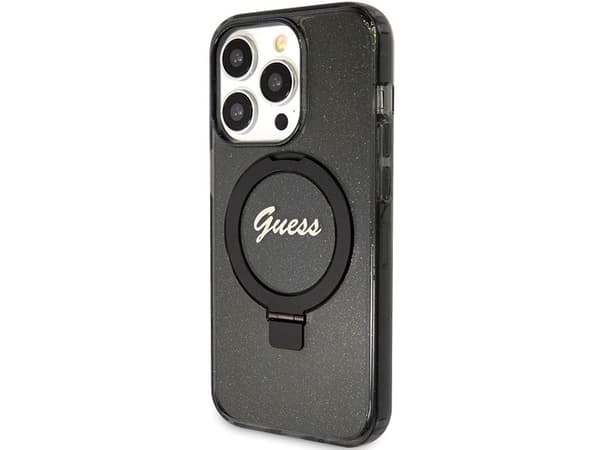 Guess Ring Stand Script Glitter MagSafe-deksel til iPhone 15 Pro - svart