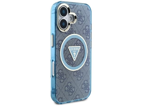 Guess IML Metal Glitter 4G Circle Triangle MagSafe-deksel til iPhone 16 - blå