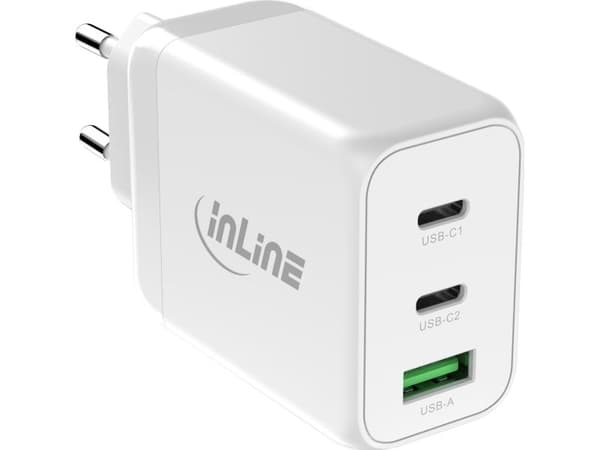 InLine® USB PD-strømforsyning, GaN-lader, 3-porter, dobbel USB-C+USB-A, 65W, hvit