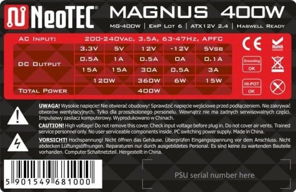 Neotec Magnus strømforsyning 400 W (MG-400W)
