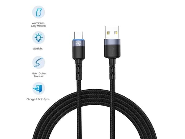 Tellur USB-A til USB-C LED lade- og datakabel, 1,2 m, sort