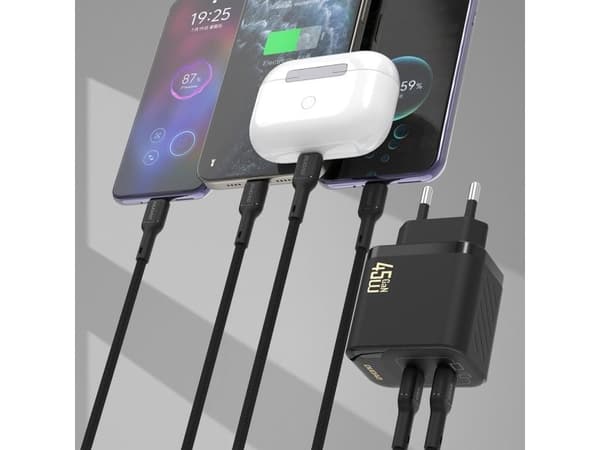 Dudao A28PCEU Adapter 45Watt 2xUSB-C (1m USB-C to USB-C cable included) Sort