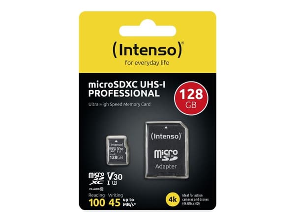 Intenso Professional - Flashminnekort (microSDXC til SD-adapter inkludert) - 128 GB - UHS Class 1 / Class10 - microSDXC UHS-I